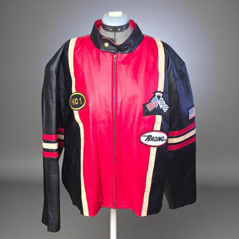 Diamond Plate Leather Racing Jacket Mens 2XL Black Red Moto Biker Y2K Patches